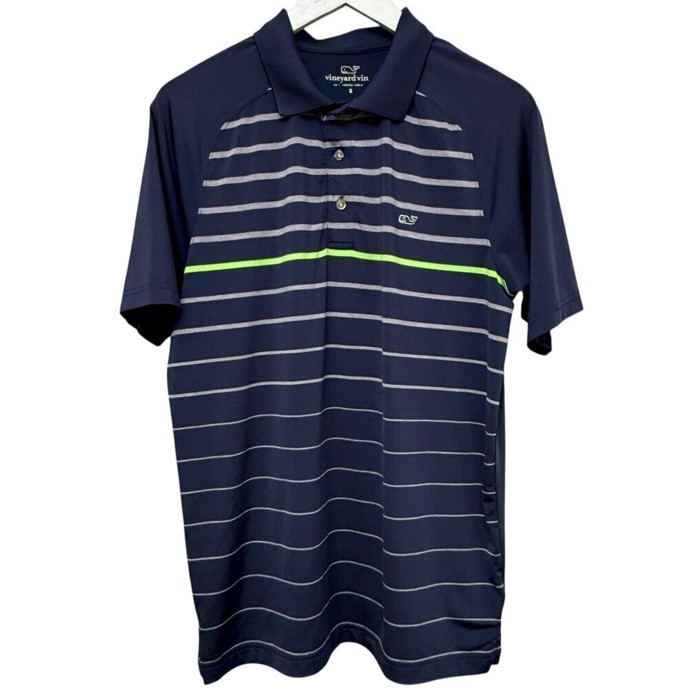 Vineyard Vines Mens Golf Polo Small Navy Blue Stripe Performance Shirt Whale